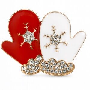 🎄 Red and White Mitten Brooch with Crystals